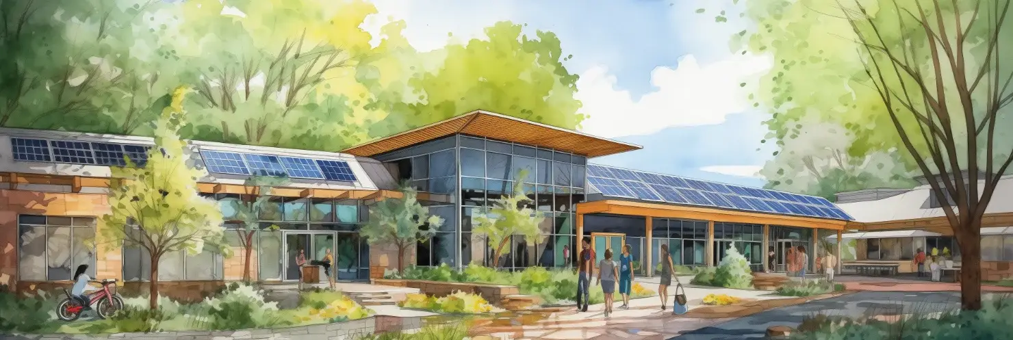 Watercolour rendering of a solar-panelled school with students outside