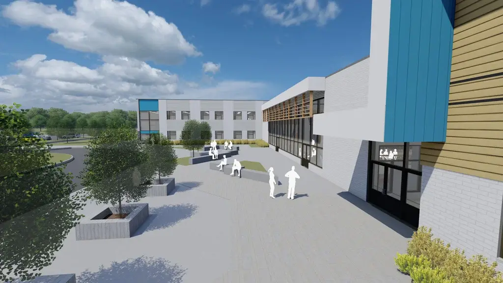 Modern school courtyard with trees, benches, and students